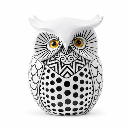 White Owl Figurine, Resin Owl Statue with Black Geometric Pattern, Modern Shelf Decor for Home Office Desk, Bookshelf, Living Room Accent, Owl Lover Gift - color: White