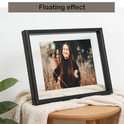 Floating Picture Frame 8X10, Black Aluminum Metal Photo Frame, Real Double Glass Floating Picture Frame with Glass Display Photos, Plant or Petal Specimens