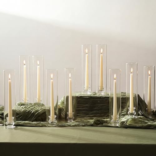 NUPTIO Hurricane Glass Candle Holders for Wedding - 12" H Set of 10 | Clear Candle Stick Taper Holders with Cylinder Shade -Tall Candlestick Candleholder for Fall Thanksgiving Christmas Decor