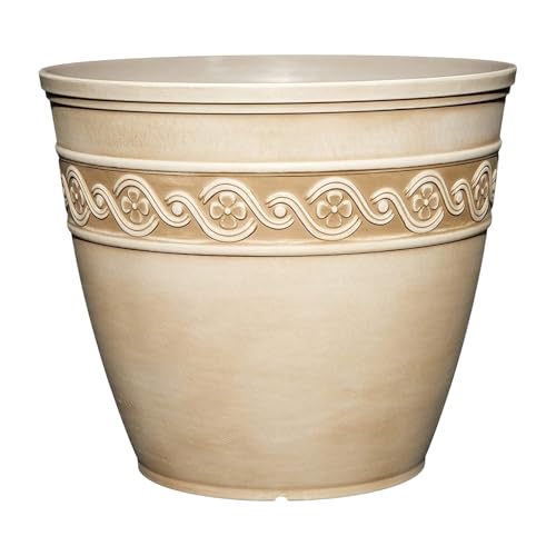 Corinthian Round Planter Pot w/Drainage Holes, 8" Desert Tan | Classic Resin Plant Pots, Lightweight Indoor Outdoor Planter, Weather-Resistant, Great for Patio, Home & Garden Decor Accent