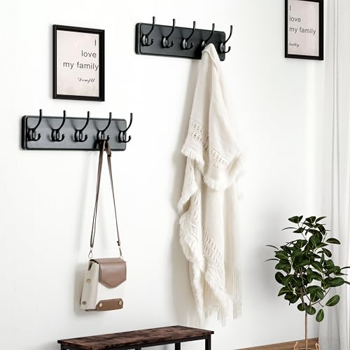 Coat Rack Wall Mount: Modern, Patented, Heavy-Duty, 17.4" Long 5-Double-Hooks Wooden Hanger Hook Rail for Winter Coats Hat Jacket Clothing, Black - color: Black, size: L=17.4" (1pcs)