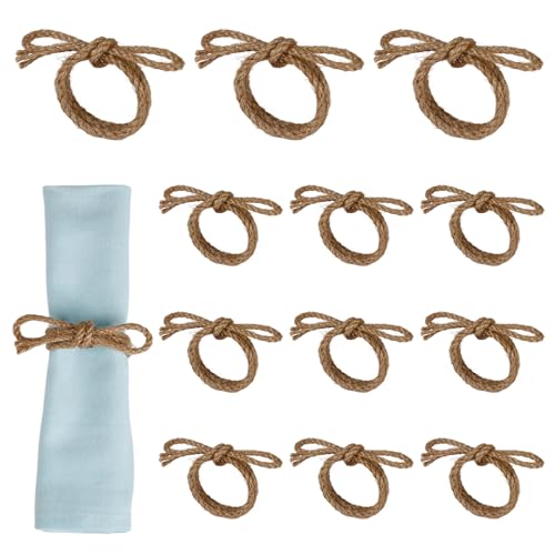 Handmade Bow Napkin Rings Set of 12, Rustic Boho Jute Rope Napkin Ring | Farmhouse Bow Knot Napkin Buckles for Wedding, Thanksgiving, Christmas & Home Table Decor - size: 12