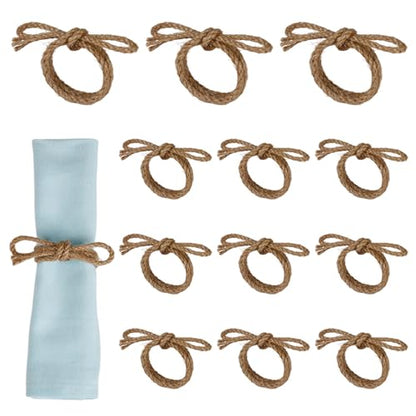 Handmade Bow Napkin Rings Set of 12, Rustic Boho Jute Rope Napkin Ring | Farmhouse Bow Knot Napkin Buckles for Wedding, Thanksgiving, Christmas & Home Table Decor - size: 12