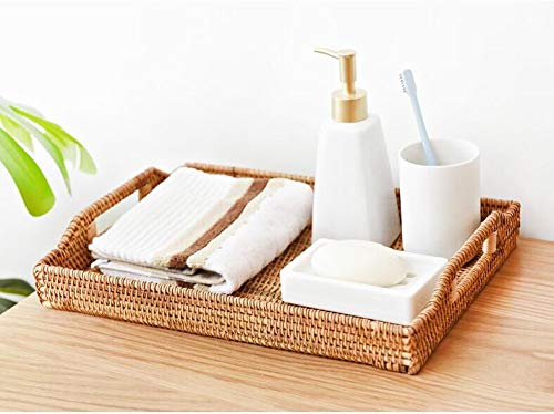 Hand-Woven Rattan Rectangular Serving Tray with Handles for Breakfast, Drinks, Snack for Coffee Table (17x11.4x1.8inches) - size: 17x11.4x1.8inches