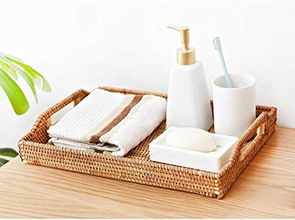 Hand-Woven Rattan Rectangular Serving Tray with Handles for Breakfast, Drinks, Snack for Coffee Table (14.5x10.2x1.4inches) - size: 14.5x10.2x1.4inches