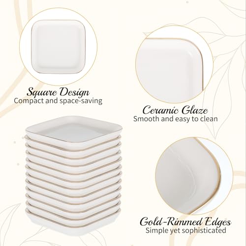12 Pack Ceramic Jewelry Trays, 4.53 Inch Square Jewelry Dish with Gold Rim, Small Ring Dish Holder for Dresser Vanity, Stackable Decorative Tray, Earring Organizer for Display