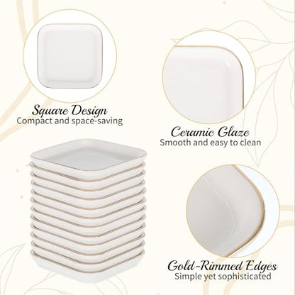12 Pack Ceramic Jewelry Trays, 4.53 Inch Square Jewelry Dish with Gold Rim, Small Ring Dish Holder for Dresser Vanity, Stackable Decorative Tray, Earring Organizer for Display