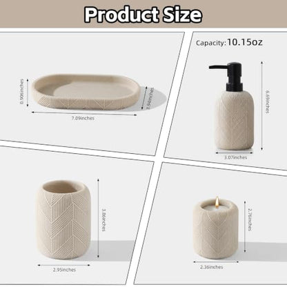 4 PCS Bathroom Accessory Set, Leaf Veins Texture, Beige | Modern, Luxurious, Minimalist, With 10.15 OZ Soap Dispenser, Tumbler, Vanity Tray, Candle Holder for Countertop Kitchen Sink