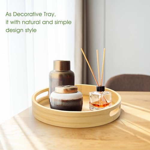 LorisArm 12 inch Round Serving Wooden Tray with Handles, Bamboo Decorative Ottoman Tray Serving for Serving Beverages & Food on Bar Living Room Home Dining Table.