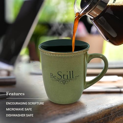 Christian Art Gifts Sage Green Stoneware Coffee Mug – 13 oz. Microwave and Dishwasher-safe Lead-free Inspirational Scripture Coffee and Tea Mug for Men & Women with Bible Verse: Be Still – Psalm 46:10 - color: Green