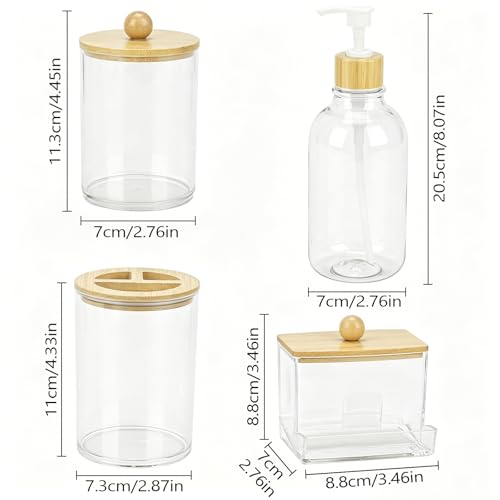 Bamboo Bathroom Accessories Set 4 Pcs, 1 Qtip Holder,1 Soap Dispenser, 1 Toothbrush Holder, 1 Cotton Swab/Ball/Pad Container