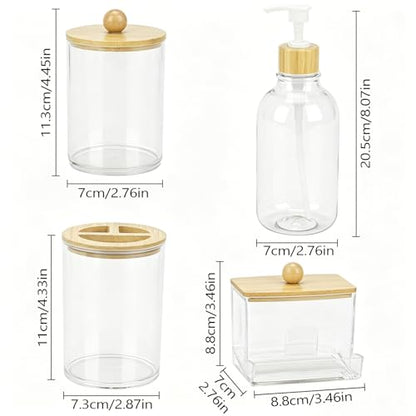 Bamboo Bathroom Accessories Set 4 Pcs, 1 Qtip Holder,1 Soap Dispenser, 1 Toothbrush Holder, 1 Cotton Swab/Ball/Pad Container