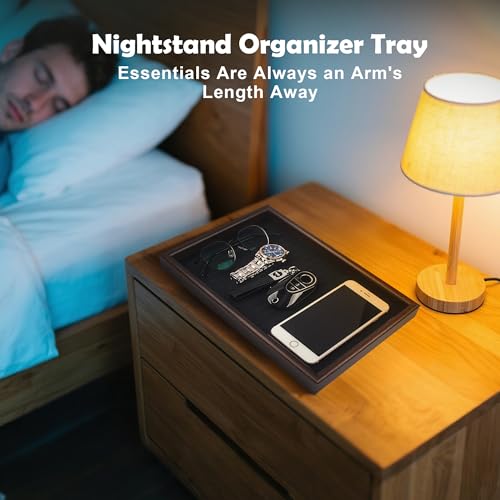 Wooden Valet Tray with Leather Base - Nightstand Catchall Organizer for Cologne, Perfume, Keys, Wallet, Phone, Watch, Jewelry & Sunglasses (2Pcs Black) - color: 2Pcs Black