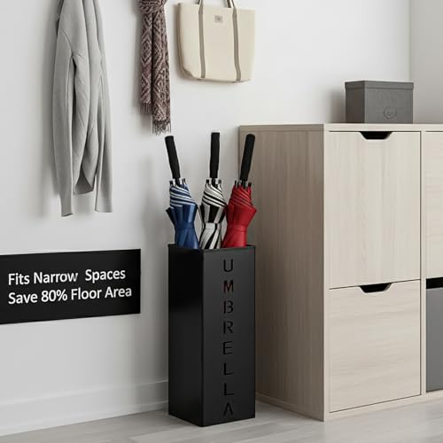 Hiceeden Square Metal Umbrella Holder, Free Standing Umbrella Rack Stand for Indoor Entryway, Umbrella Canes Walking Sticks Storage Bin for Office, Home, Hotel, Shop, 6.3" x 6.3" x 16.5", Black