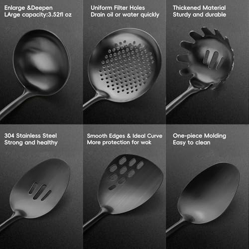 Izurok 18/10 Stainless Steel Kitchen Utensils Set,6 Piece Cooking Utensils With Wood Handle,Heat Resistant Kitchen Tool Set With Spatula, Spoon, Ladle, Skimmer, Slotted Spoon, Pasta - color: BLACK-6 Pieces, size: Small