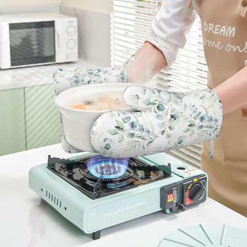 Eucalyptus Leaf Oven Mitts and Pot Holders Sets for Kitchen Silicone Sage Green Botanical Watercolor Plants Oven Gloves Heat Resistant Oven Mitts with 2 Non-Slip Pads Kitchen Gloves for BBQ - color: White Green