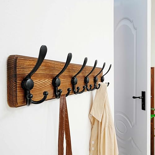 Coat Rack Wall Mounted - 24" Long 6 Tri Hooks, Heavy Duty Wooden Wall Coat Hanger Coat Hook for Clothes Hat Jacket Clothing, Natural and Black - color: Natural & Black, size: L=24"