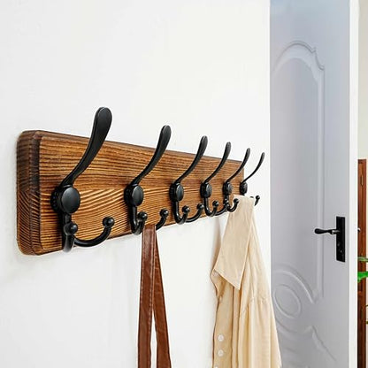 Coat Rack Wall Mounted - 24" Long 6 Tri Hooks, Heavy Duty Wooden Wall Coat Hanger Coat Hook for Clothes Hat Jacket Clothing, Natural and Black - color: Natural & Black, size: L=24"