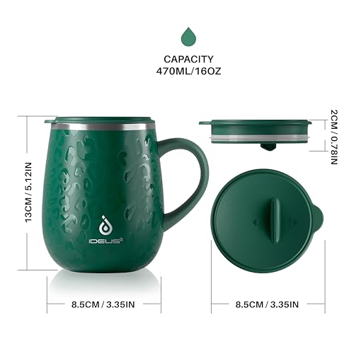 Ideus 16 oz Insulated Coffee Mug with Handle and Lid, Double Wall Stainless Steel Vacuum Thermal Coffee Mug, Travel Coffee Cup Thermal Cup for Home and Office (Leopard Green, FUJI DAWN) - color: Leopard Green