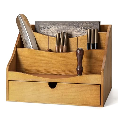 Rebee Vision Mail Organizer for Desk with 4-Slot Letter Home Decor, Yellow | Pine Wood, Rustic Countertop Organizer, Drawer and Dividers, Store Jewelry, File, Small Item Storage, Home Decor Aesthetic - color: B-Yellow