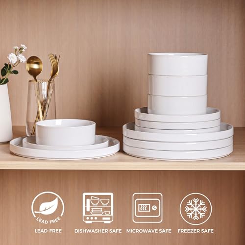GBHOME Stoneware Dinnerware Sets for 4, 12 Pieces Plates and Bowls Set | Lightweight Ceramic Ribbed Dishes,Reactive Glaze Stackable Plate Set,Scratch Resistant,Microwave Dishwasher Safe, Light - color: Light White
