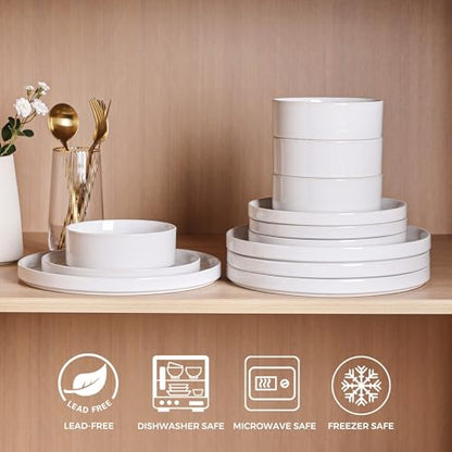 GBHOME Stoneware Dinnerware Sets for 4, 12 Pieces Plates and Bowls Set | Lightweight Ceramic Ribbed Dishes,Reactive Glaze Stackable Plate Set,Scratch Resistant,Microwave Dishwasher Safe, Light - color: Light White