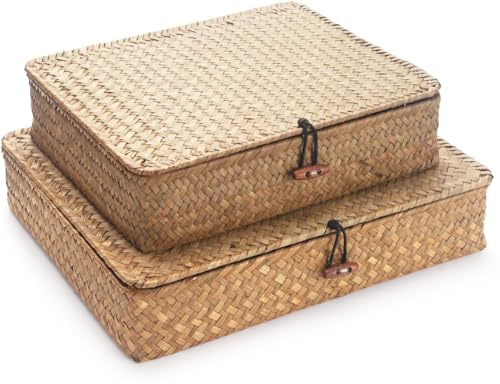 Seagrass Storage Baskets with Lids, Flat Wicker Basket, Shallow Woven Basket for Shelf, Decorative Storage Boxes for Organizing (Natural) - color: Natural