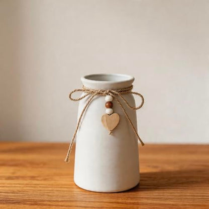 Rustic 6-Inch Ceramic Vase with Jute Rope & Heart Charm for Home Décor, White Flower Vase for Table Centerpieces and Gifts, Ideal for Living Room, Bedroom, and Office - style: Rustic