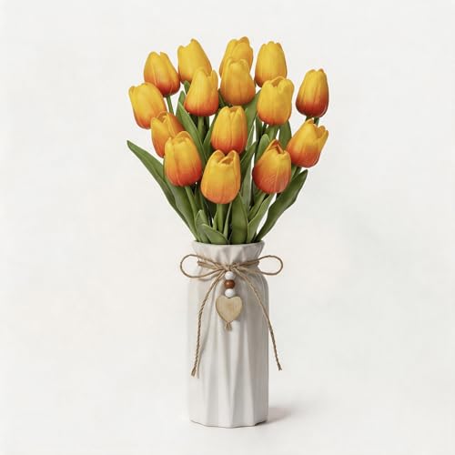 Artificial Tulip Flower Arrangement in Ceramic Vase with Rustic Heart Charm, 15 PCS PU Real Touch Faux Floral Table Centerpiece for Home, Dining Table, Wedding Décor, Orange - color: Orange
