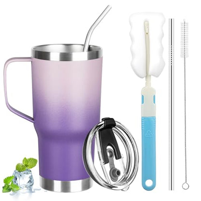 20 oz Tumbler with Handle, Stainless Steel Insulated Tumbler with Lid and Straw, Double Wall Vacuum Coffee Mug Tumbler, Insulated Coffee Thermal Cup for Cold and Hot (Light Dark Purple, 20, ounces) - color: Light Dark Purple, size: 20 Ounces