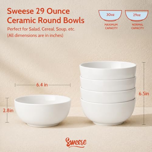 Sweese Ceramic Soup Bowl Set of 4, 29 oz Round Cereal Bowl Stackable Serving Bowl for Salad, Soup, Ramen, Fruit and Family Meals, White - color: White, size: 28 Ounce (Set of 4)