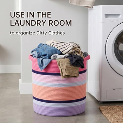 Pink Large Blanket Basket with Handles, 56 L Woven Rope Toy Basket, Foldable Storage Bin for Blankets, Toys & Laundry, stuffy storage for Bedroom & Playroom&Living room (15.7"D * 17.7"H) - size: 15.7"D * 17.7"H
