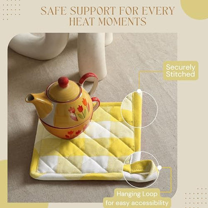 Buffalo Plaid Check Oven Mitts and Pot Holders Set, 100% Cotton, Heat Resistant, 2 Oven Gloves 7x13 Inches and 2 Hot Pads 8x8 Inches for Cooking and Baking, Lemon Yellow White - color: Lemon Yellow, Buffalo Plaid