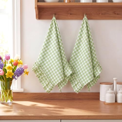 HunnmingRe Mint Green Kitchen Towels Set of 2, 100% Cotton Ruffled Gingham Dish Towels 18"x28" Tea Cloths Classic Plaid Pattern for Farmhouse Charm, Drying Dishes, Entertaining Guests - color: Mint Green, style: Gingham