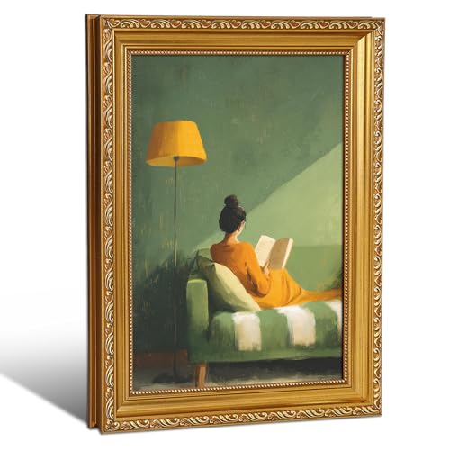 Gold Vintage Framed Wall Art - Woman Reading Scene Canvas Print, Minimalist Green Portrait Book Decor for Living Room Bedroom, 16x24 Inch - color: Framed-Green, size: 16"L x 24"W