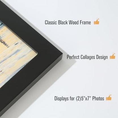 7x5 2-Opening Collage Picture Frame Black Wood | Two 5x7 openings, shatter-resistant glass, tabletop & wall mounting - size: 7x5 - 2 Opening
