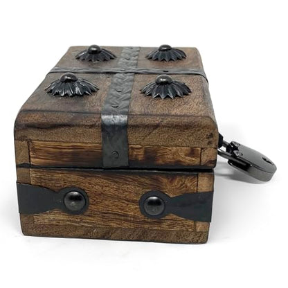 Treasure Chest Wooden Box with Antique Iron Lock and Skeleton Key (X-Small 5 x 3 x 2) - Storage and Decor – Pirate Wooden Treasure Chest, Decorative Box with Hinged Lid, - size: X-Small 5 x 3 x 2"
