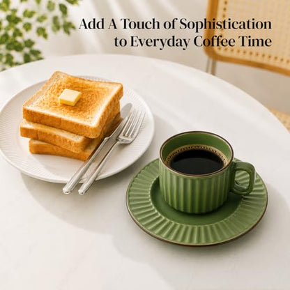 DOWAN Cappuccino Cup Set of 4, 8 OZ Ceramic Coffee Cups with Saucers, Coffee Mugs, Ribbed Espresso & Latte Cups Set, Elegant Stoneware for Home & Café Use - color: Green, size: 8 oz