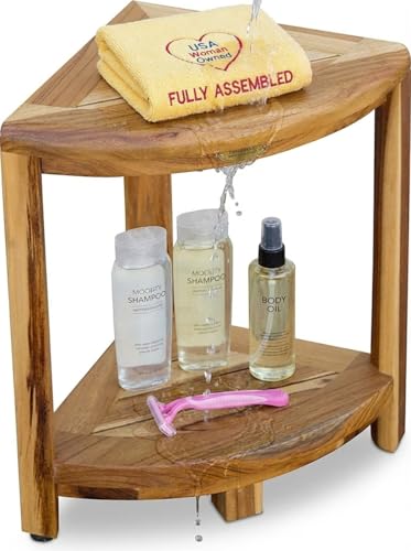 EcoDecors SnazzyCorner 18" Teak Corner Bench, Fully Assembled | Space-saving corner shower stool with storage shelf keeps towels, soap, and bath essentials within easy reach - size: 2 tier Fully Assembled