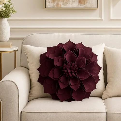 Fennco Styles Handmade 3D Heart-Shaped Petals Flower Decorative Filled Throw Pillow 13" Round - Wine Floral Pillow for Couch, Home Décor and Holiday, Housewarming Gift - color: Wine