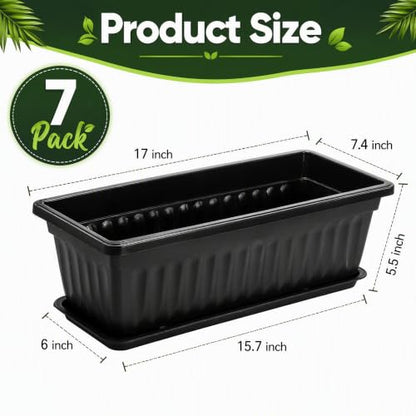 Fasmov 7 Pack 17 Inches Flower Window Box Plastic Vegetable Planters with Trays Vegetables Growing Container Garden Flower Plant Pot with 7 Pcs Plant Labels for Balcony, Patio, Garden, Black - color: 7pack,black