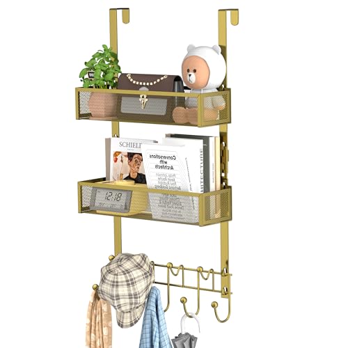 HapiRm Over The Door Hanger with Coat Hooks and 2 Baskets, Rustproof & Waterproof Over The Door Hooks, Storage Organizer for Hats, Bathroom, Kitchen, Bedroom - Gold - color: Gold-2 Baskets