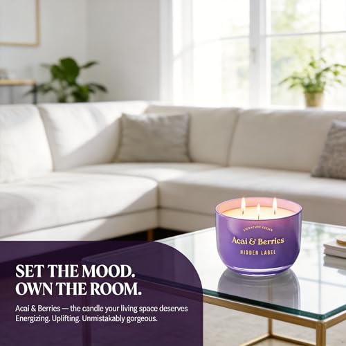 Hidden Label Acai Berries Candle, 18oz Soy 3-Wick, 70H Aromatherapy | Purple Gradient Decor | Triple Cotton Even Melt | Non Toxic Plant Wax | Mood Boost Energy | Gift Ready Gold Lid - color: Acai & Berries