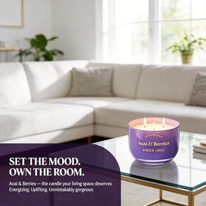 Hidden Label Acai Berries Candle, 18oz Soy 3-Wick, 70H Aromatherapy | Purple Gradient Decor | Triple Cotton Even Melt | Non Toxic Plant Wax | Mood Boost Energy | Gift Ready Gold Lid - color: Acai & Berries