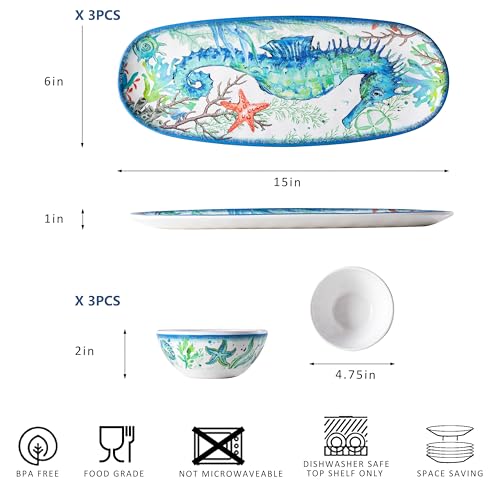 LEHAHA Coastal Chip and Dip Serving platter Set, Set of 3, Melamine Bowl and Tray Gift Set,Serving Dishes for Entertaining, Small Serving Bowls for Side Dishes, Salsa, Appetizers, Condiments. - color: Coastal