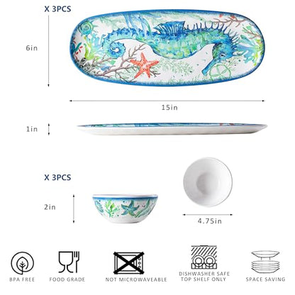 LEHAHA Coastal Chip and Dip Serving platter Set, Set of 3, Melamine Bowl and Tray Gift Set,Serving Dishes for Entertaining, Small Serving Bowls for Side Dishes, Salsa, Appetizers, Condiments. - color: Coastal