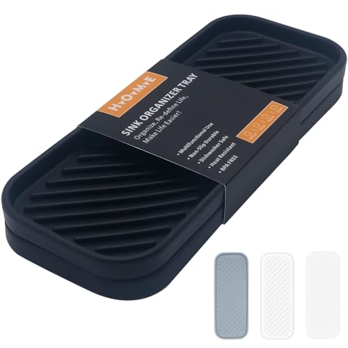 Silicone Organizer Tray, Soap and Sponge Holder for Kitchen Sink, Bathroom - Storage Tray for Dish Brush, Soap Dispenser, Dishwashing Accessories- 2 Pack (Black) - color: Black, size: 9.2 x 3.6 x 0.5 inches, 2 Pack