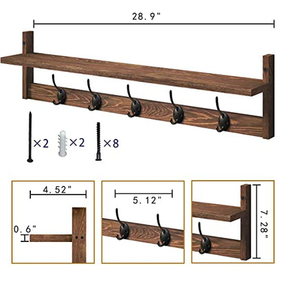 BAMEOS Wall Mounted Coat Rack with Adjustable Easy Install, Rust Proof, Brown Wooden Material, 28.9 Inch Length - style: Brown-28.9IN with shelf