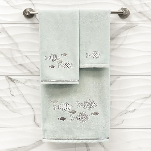 Treasure 4-Piece Premium Towel Set, Sparkling Applique Fish, Ultra Plush Turkish Cotton, Durable, Perfect for Bathroom, 2 Bath 2 Hand Towels, Aqua - color: Aqua, size: 2 Pcs Bath 2 Pcs Hand Towel