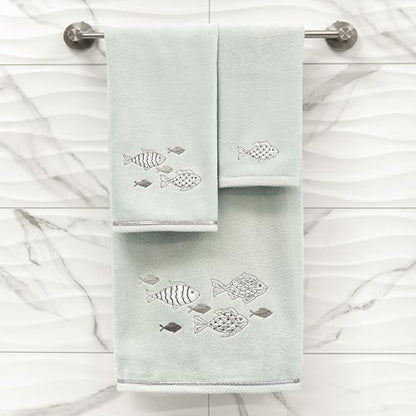 Treasure 4-Piece Premium Towel Set, Sparkling Applique Fish, Ultra Plush Turkish Cotton, Durable, Perfect for Bathroom, 2 Bath 2 Hand Towels, Aqua - color: Aqua, size: 2 Pcs Bath 2 Pcs Hand Towel
